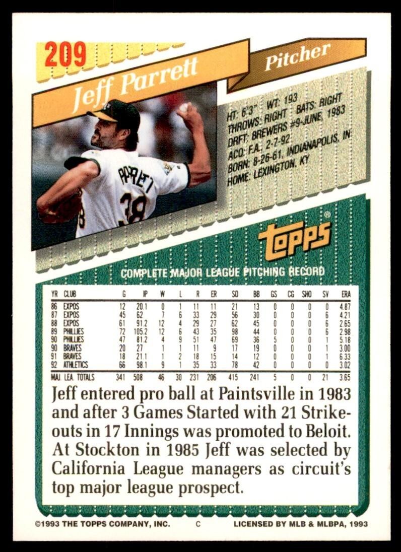 1993 Topps Gold Jeff Parrett p Oakland Athletics #209