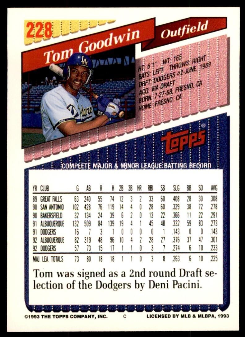 1993 Topps Gold Tom Goodwin of Los Angeles Dodgers #228