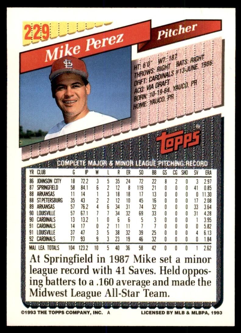 1993 Topps Gold Mike Perez St. Louis Cardinals #229