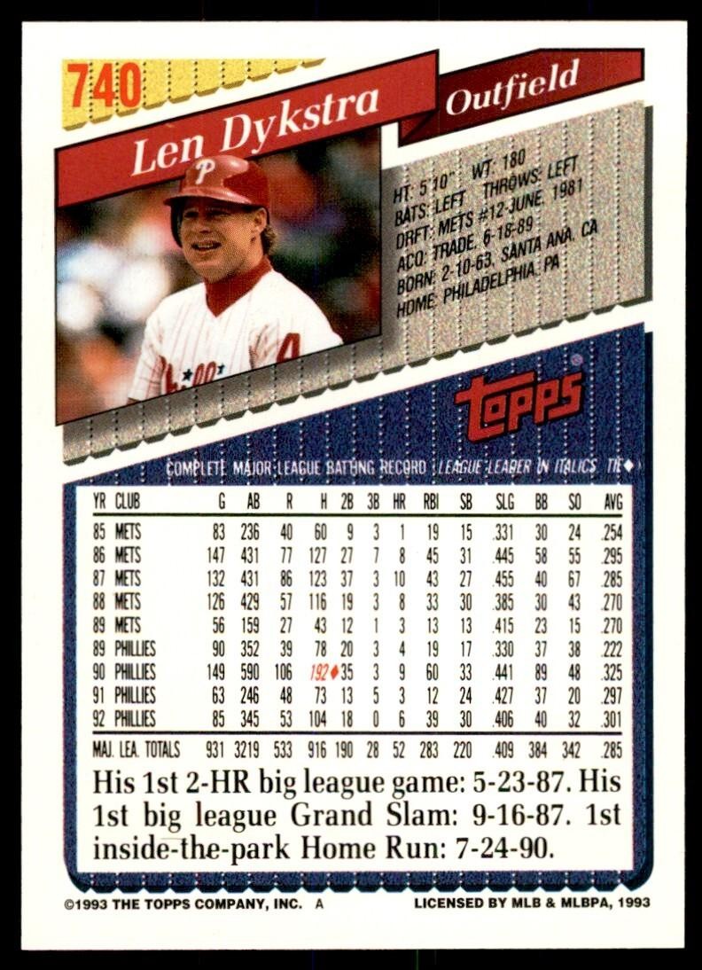 1993 Topps Gold Len Dykstra Philadelphia Phillies #740
