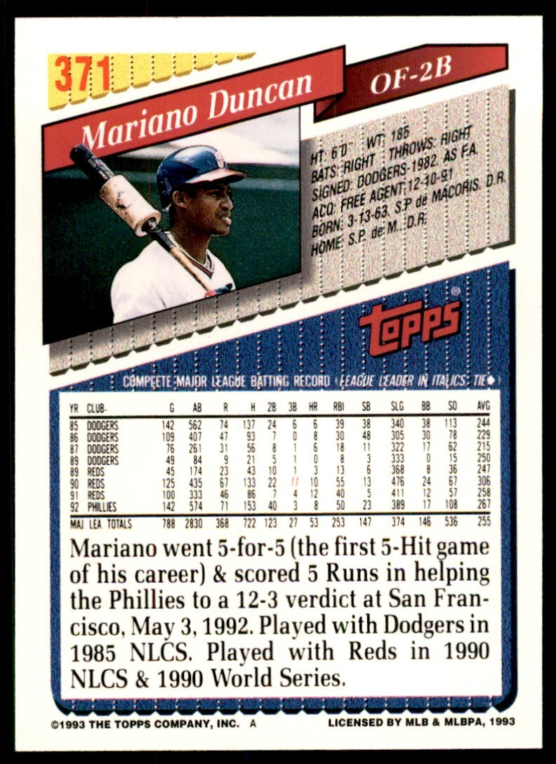 1993 Topps Gold Mariano Duncan 2b Philadelphia Phillies #371