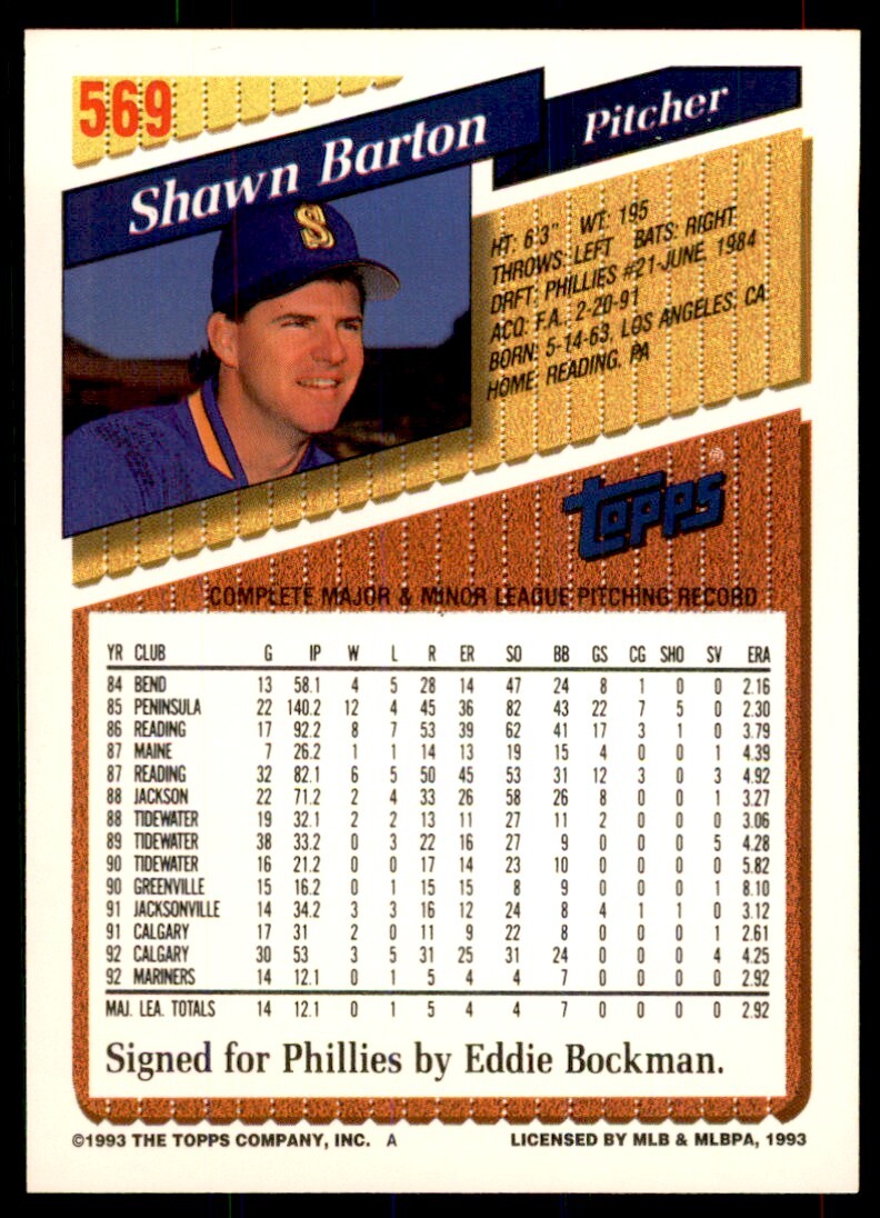 1993 Topps Gold Shawn Barton Rookie p Seattle Mariners #569