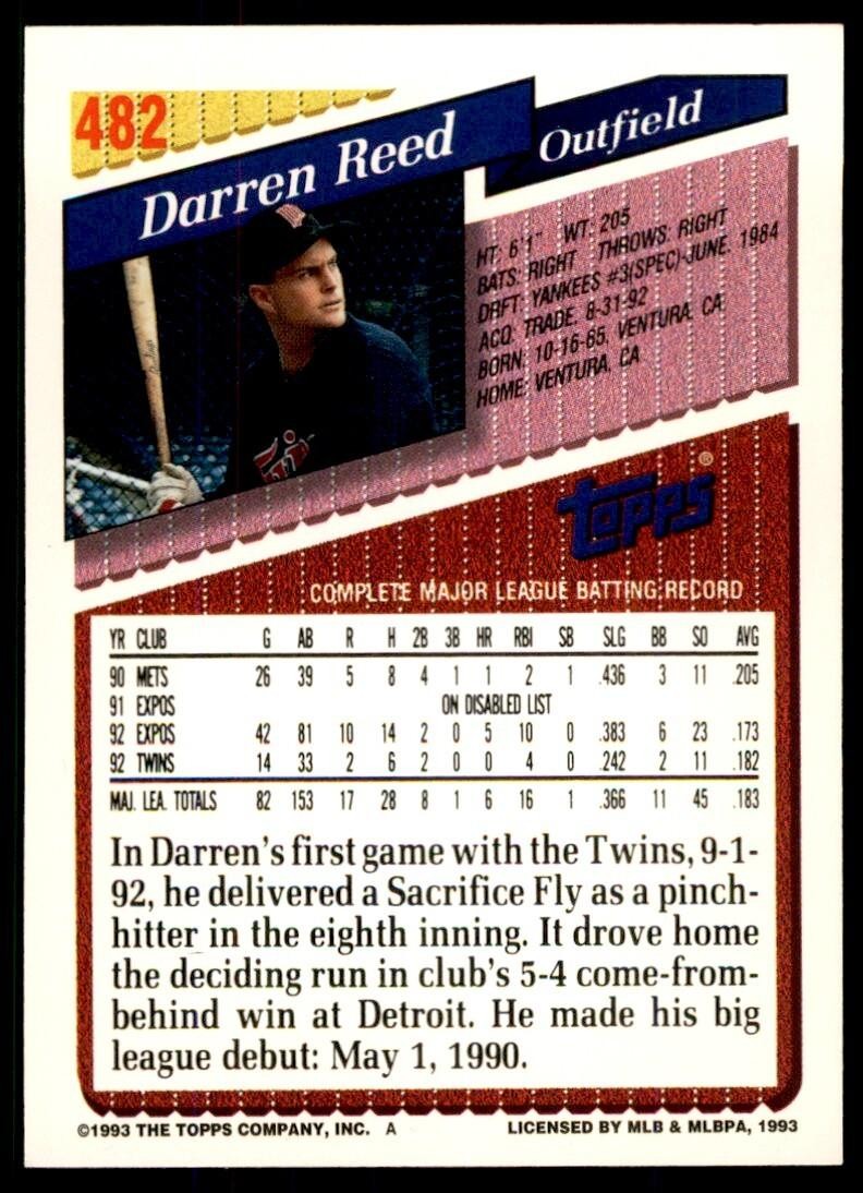1993 Topps Gold Darren Reed Minnesota Twins #482