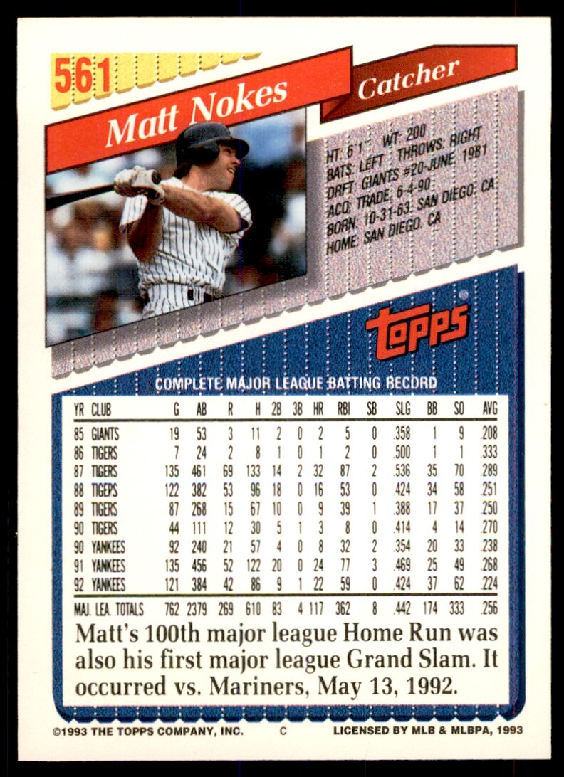 1993 Topps Gold Matt Nokes New York Yankees #561