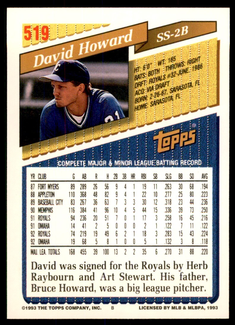 1993 Topps Gold David Howard Kansas City Royals #519