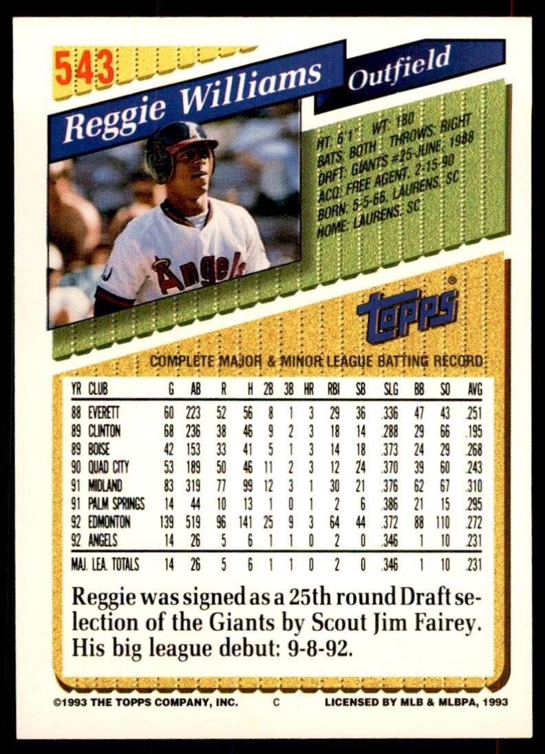 1993 Topps Gold Reggie Williams Rookie of California Angels #543