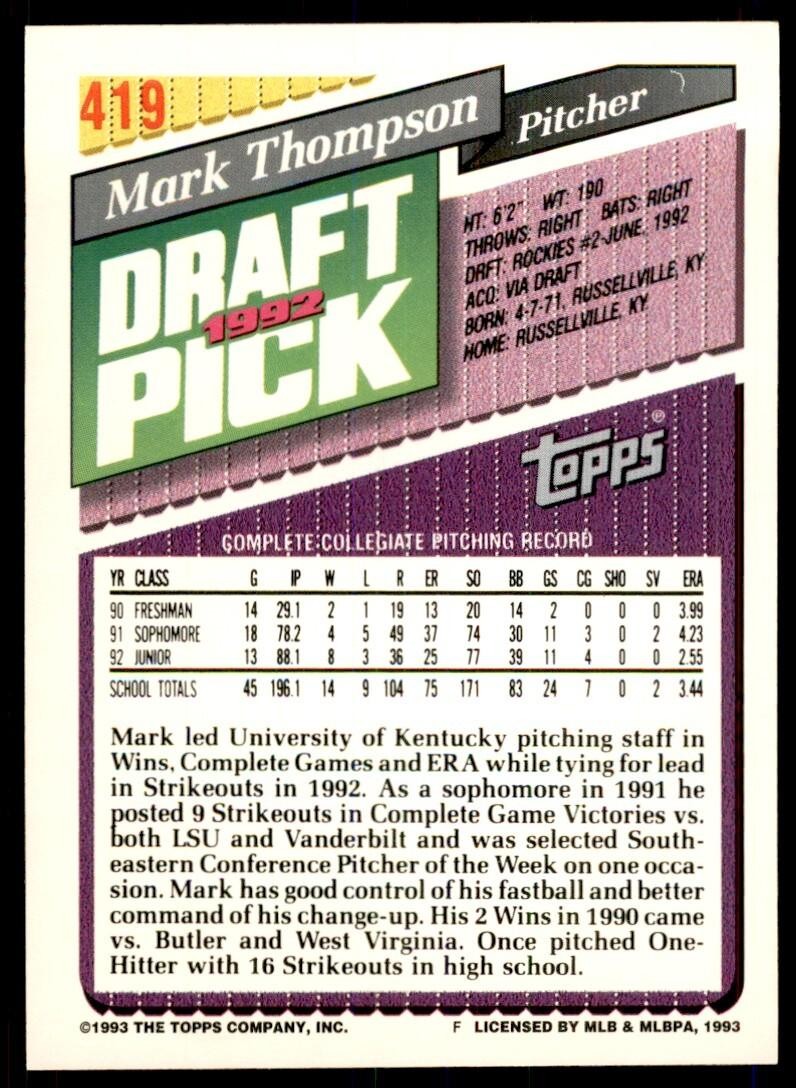 1993 Topps Gold Mark Thompson Rookie Colorado Rockies #419