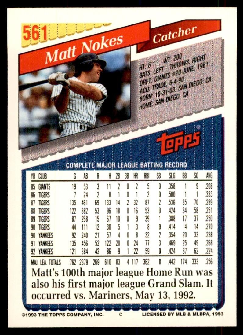 1993 Topps Gold Matt Nokes // New York Yankees #561