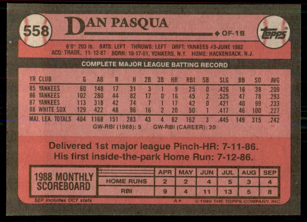 1989 Topps Dan Pasqua Baseball Cards #558