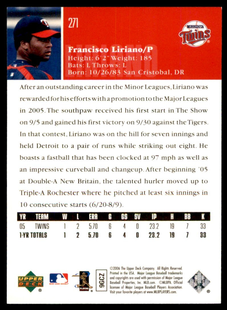 2006 Upper Deck Francisco Liriano Baseball Card Minnesota Twins #271