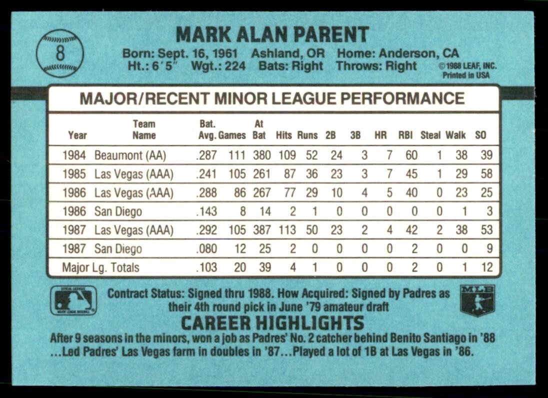 1988 Donruss The Rookies Mark Parent Baseball Cards #8