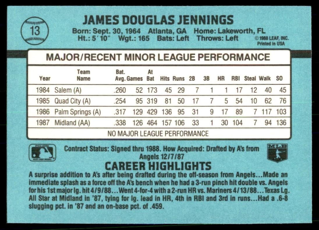 1988 Donruss The Rookies Doug Jennings Baseball Cards #13