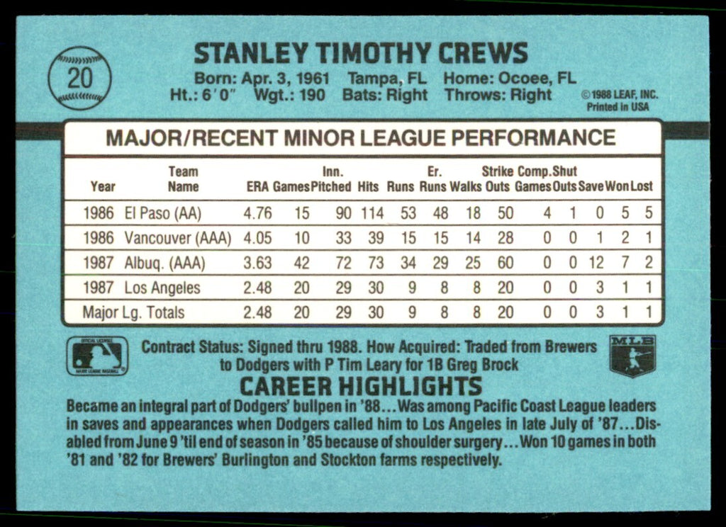 1988 Donruss The Rookies Tim Crews Baseball Cards #20