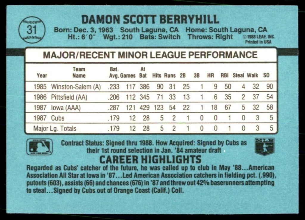 1988 Donruss The Rookies Damon Berryhill Baseball Cards #31