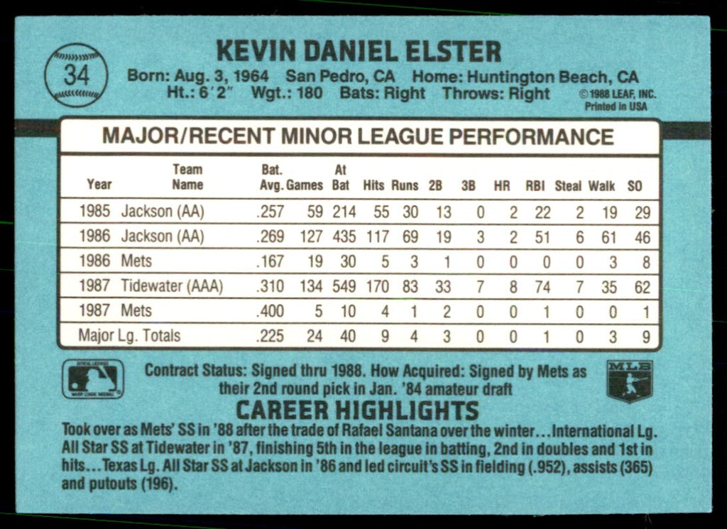 1988 Donruss The Rookies Kevin Elster Baseball Cards #34