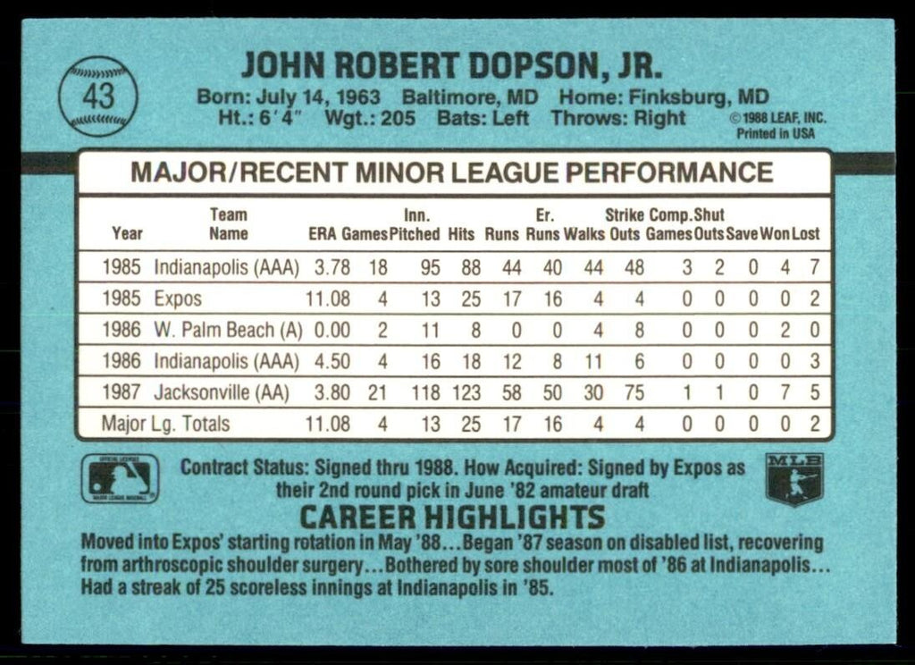 1988 Donruss The Rookies John Dopson Baseball Cards #43