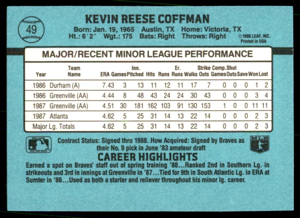 1988 Donruss The Rookies Kevin Coffman Baseball Cards #49