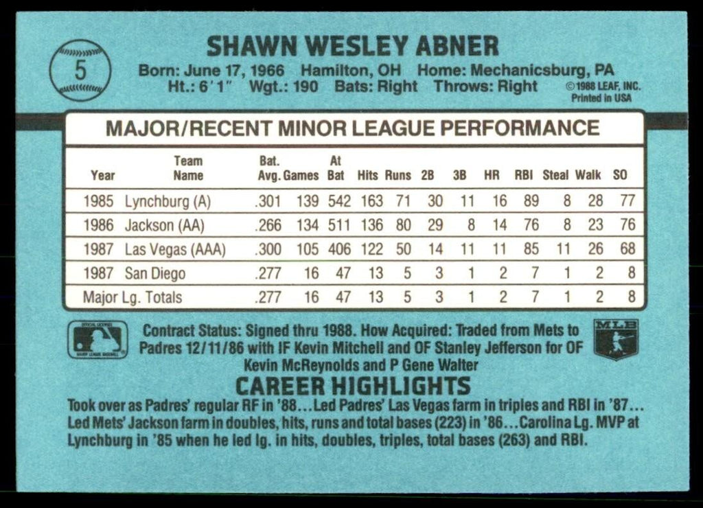 1988 Donruss The Rookies Shawn Abner Baseball Cards #5