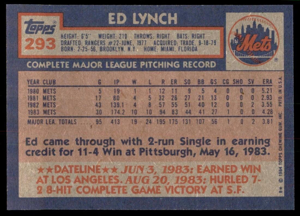 1984 Topps Cards Ed Lynch New York Mets #293