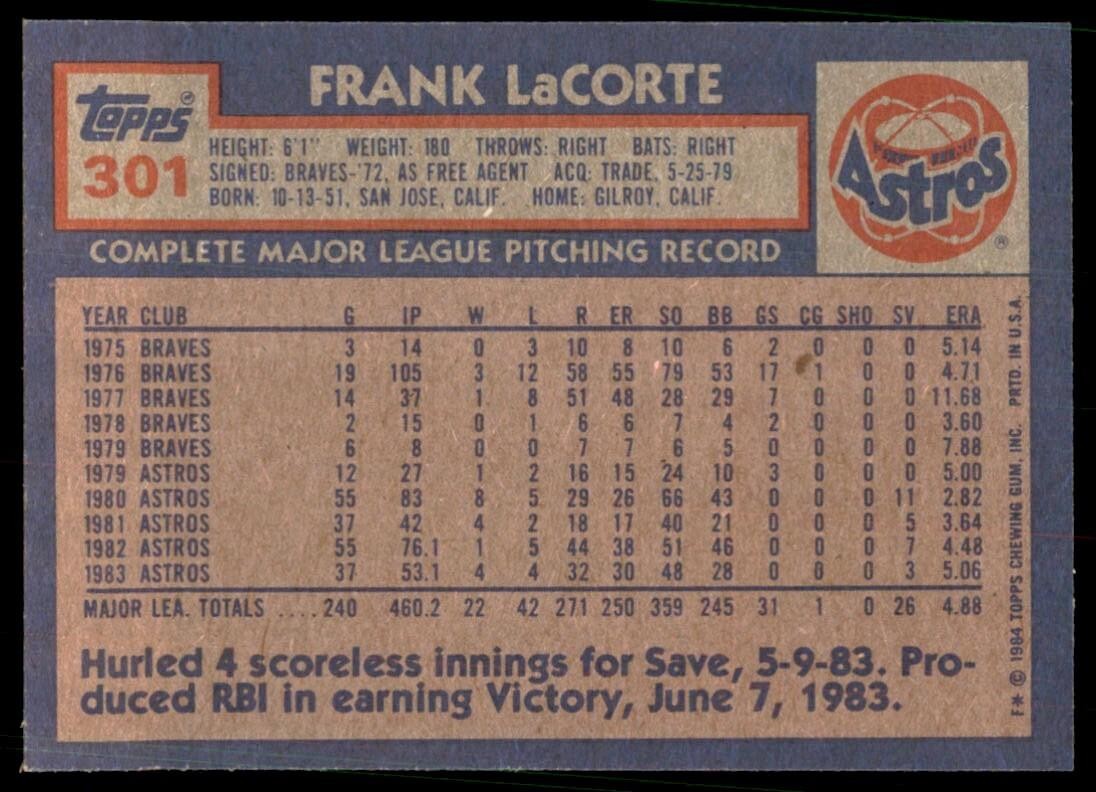 1984 Topps Cards Frank LaCorte p Houston Astros #301