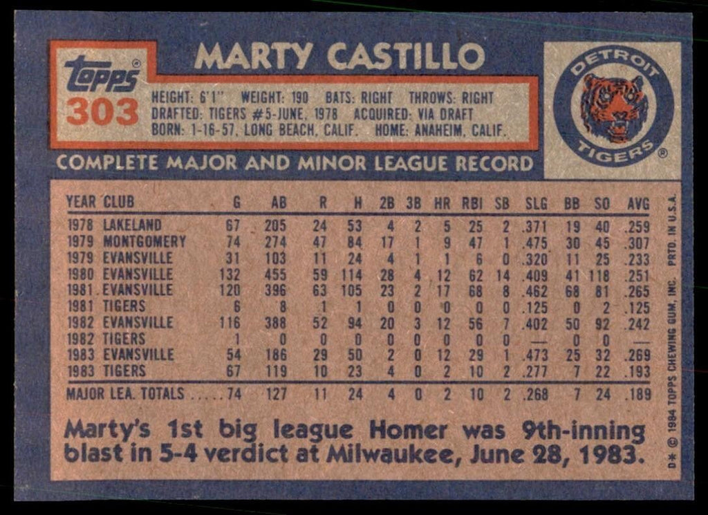 1984 Topps Cards Marty Castillo 3b Detroit Tigers #303