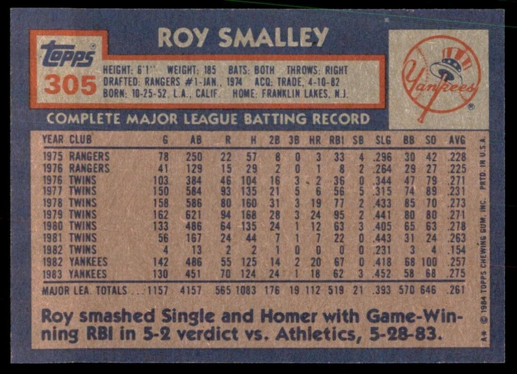 1984 Topps Cards Roy Smalley 3b New York Yankees #305