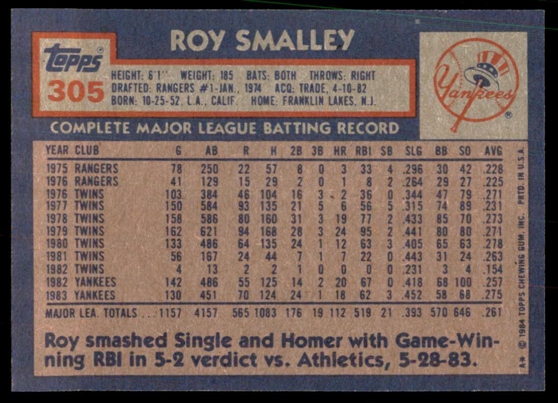1984 Topps Cards Roy Smalley 3b New York Yankees #305