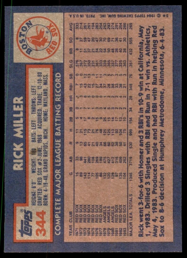 1984 Topps Cards Rick Miller of Boston Red Sox #344