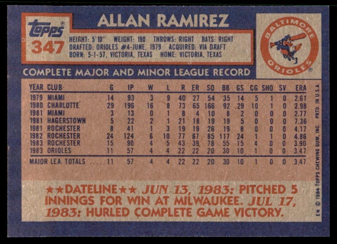 1984 Topps Cards Allan Ramirez Rookie Baltimore Orioles #347