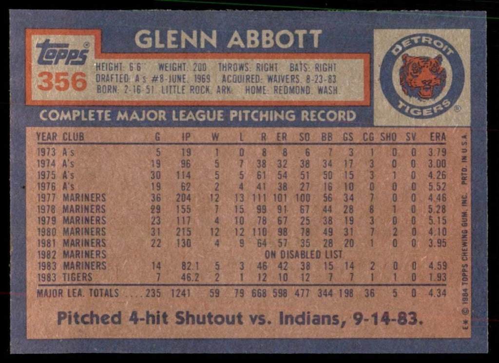 1984 Topps Cards Glenn Abbott p Detroit Tigers #356