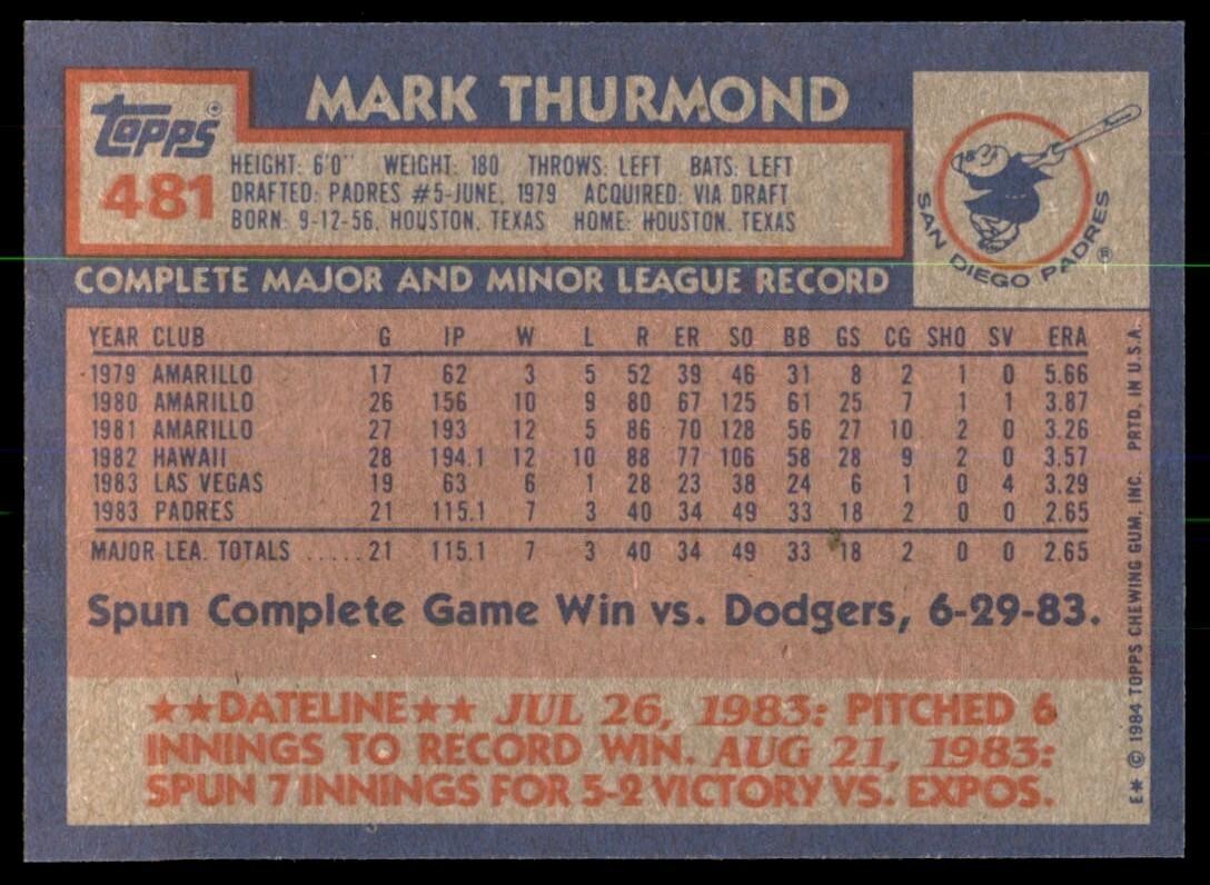 1984 Topps Cards Mark Thurmond Rookie San Diego Padres #481