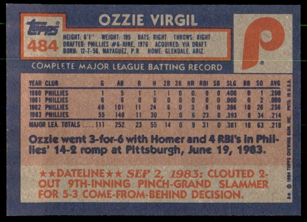 1984 Topps Cards Ozzie Virgil c Philadelphia Phillies #484