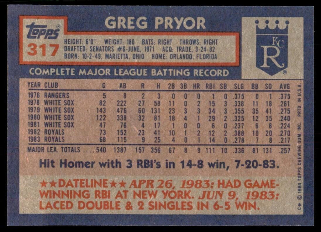 1984 Topps Cards Greg Pryor 3b Kansas City Royals #317