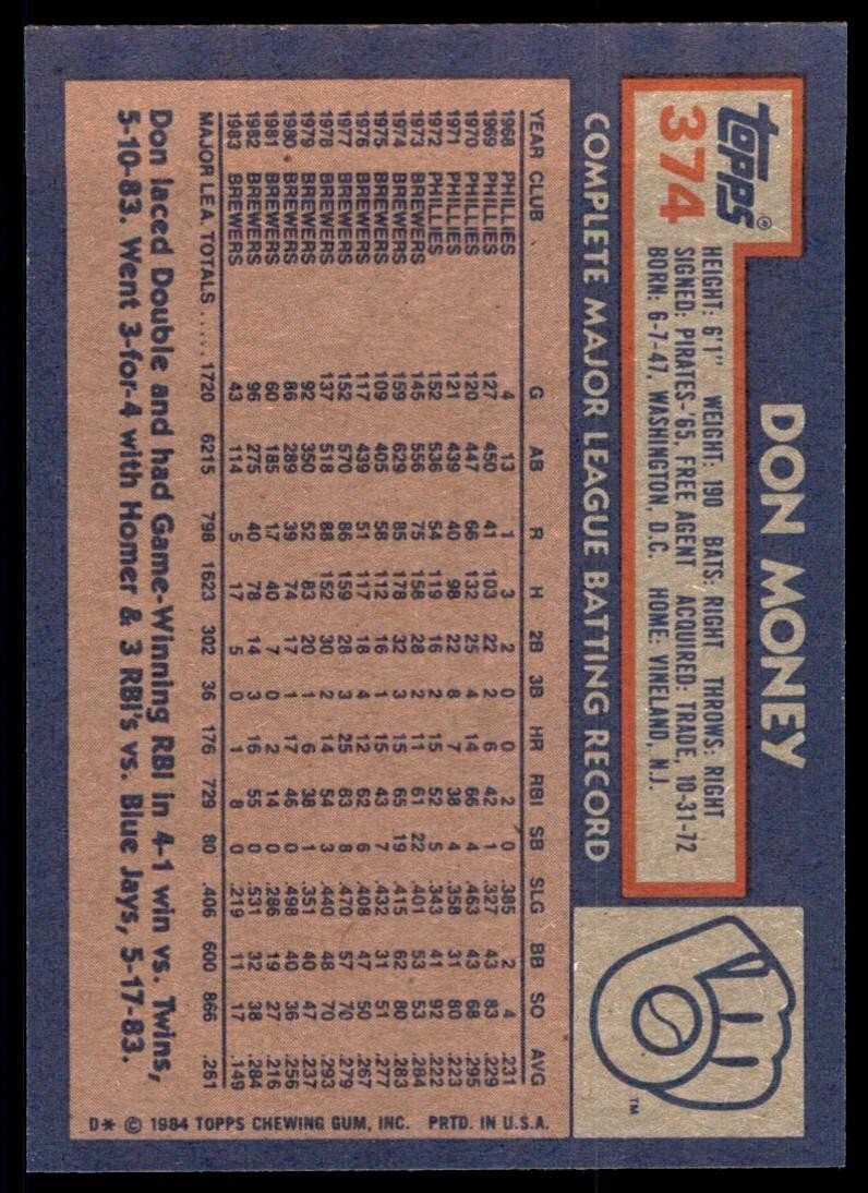 1984 Topps Cards Don Money 3b Milwaukee Brewers #374
