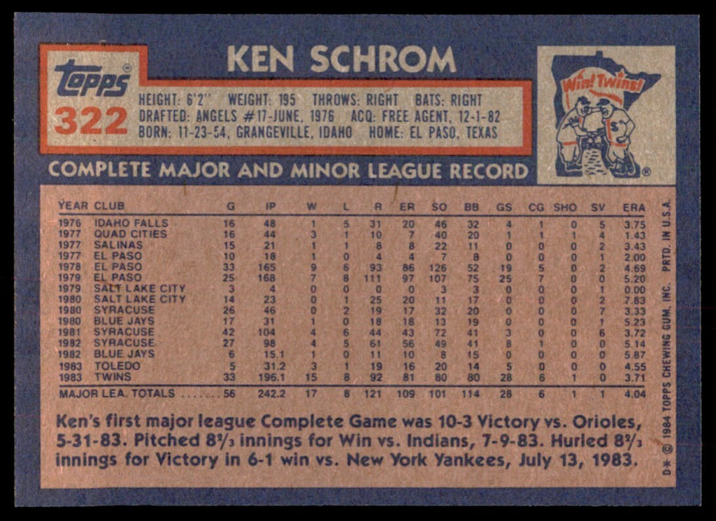 1984 Topps Cards Ken Schrom p Minnesota Twins #322