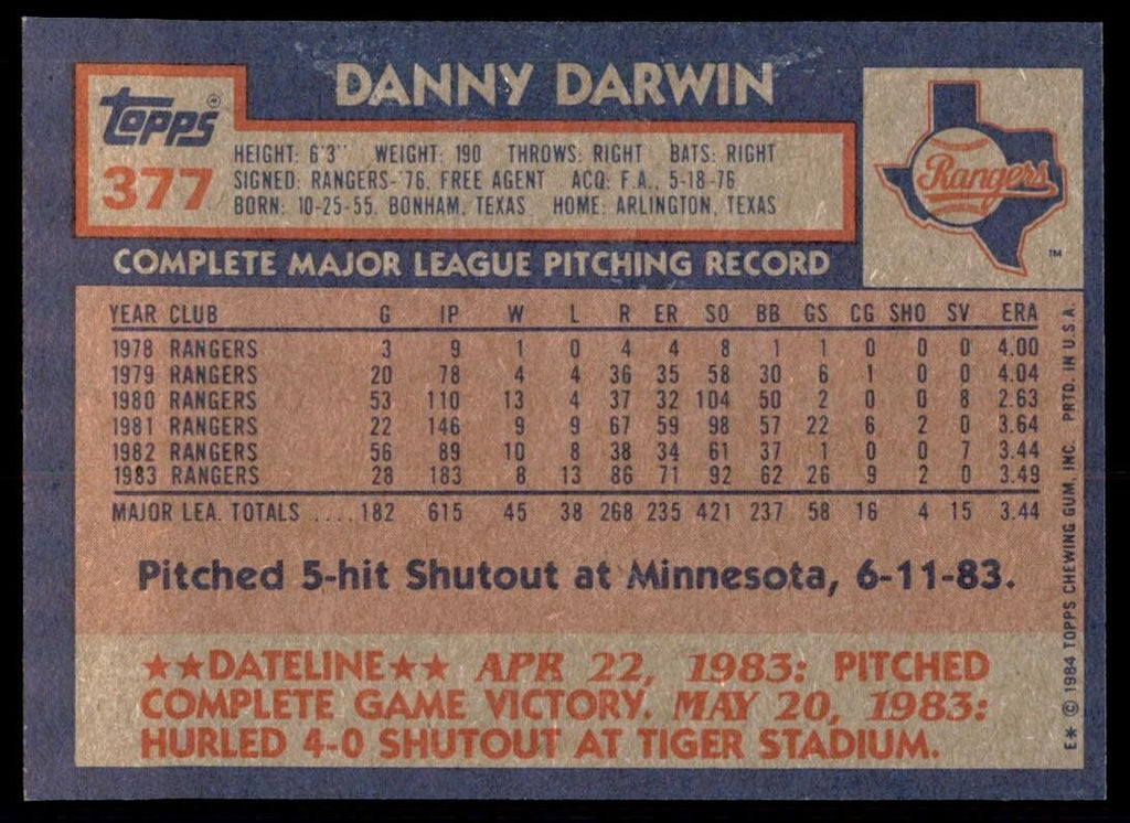 1984 Topps Cards Danny Darwin p Texas Rangers #377