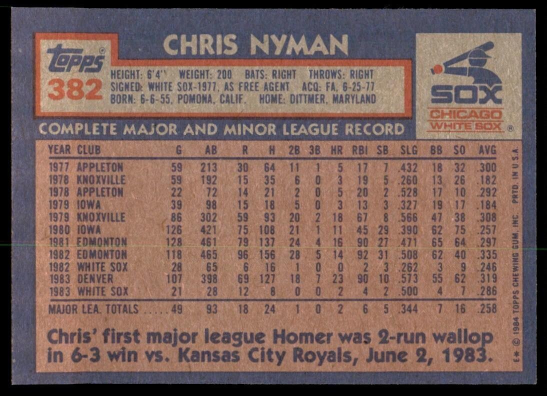 1984 Topps Cards Chris Nyman Rookie Chicago White Sox #382