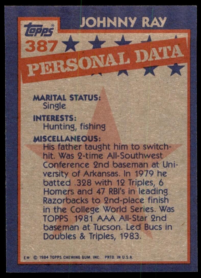 1984 Topps Cards Johnny Ray Pittsburgh Pirates #387