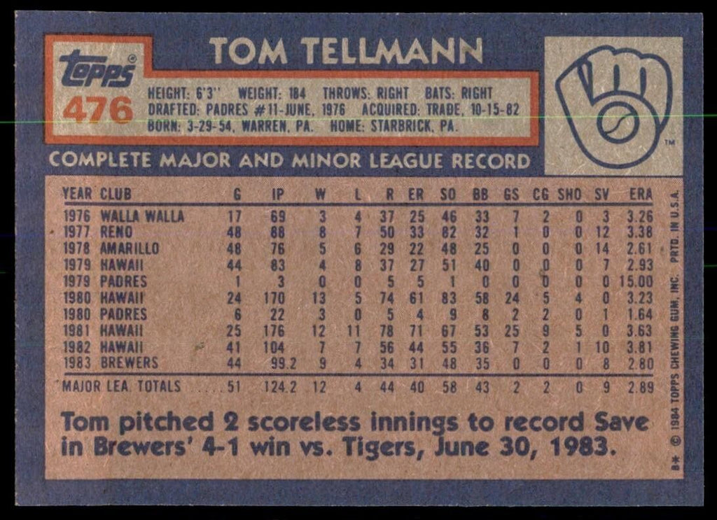 1984 Topps Cards Tom Tellmann p Milwaukee Brewers #476
