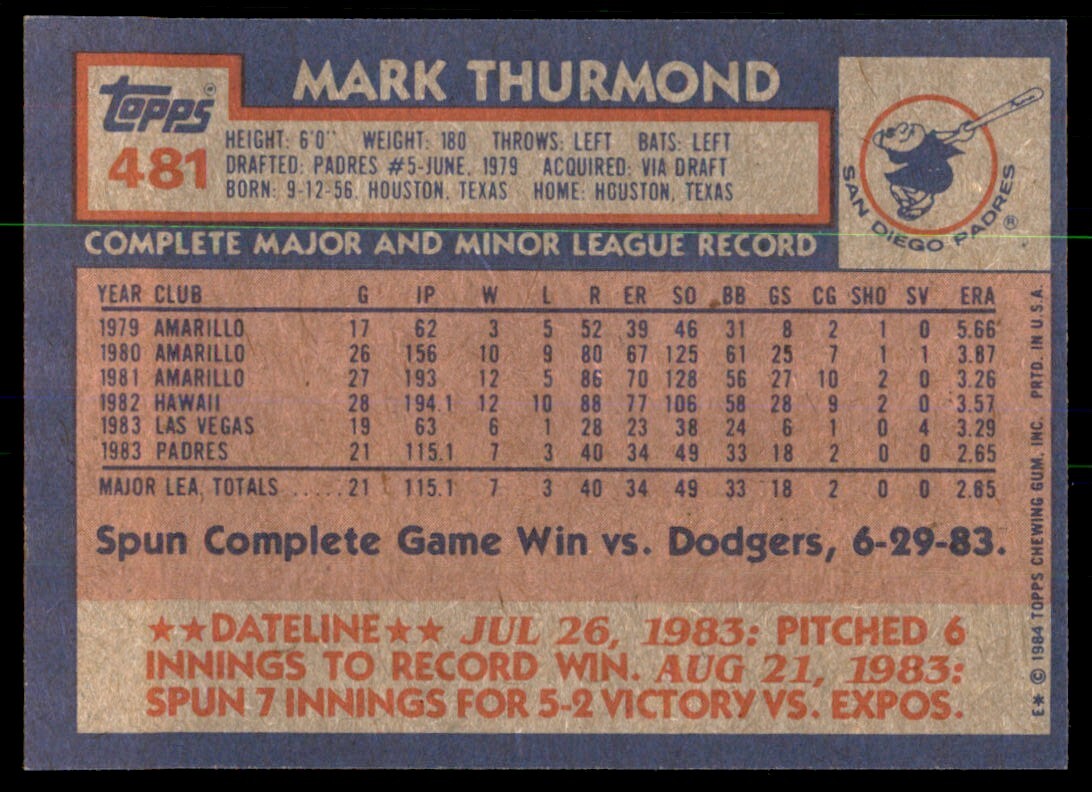 1984 Topps Cards Mark Thurmond Rookie p San Diego Padres #481