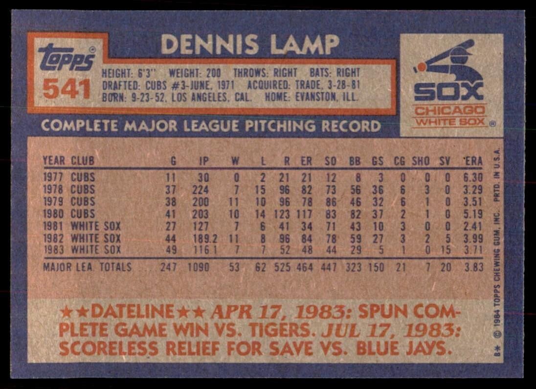 1984 Topps Cards Dennis Lamp . Chicago White Sox #541