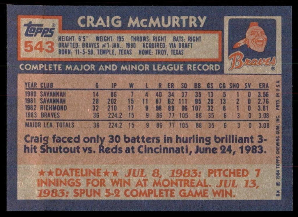 1984 Topps Cards Craig McMurtry Rookie . Atlanta Braves #543