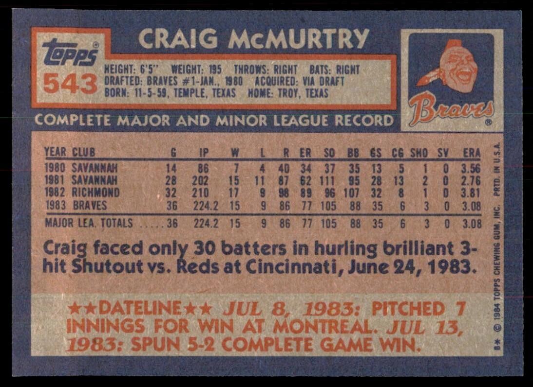 1984 Topps Cards Craig McMurtry Rookie . Atlanta Braves #543