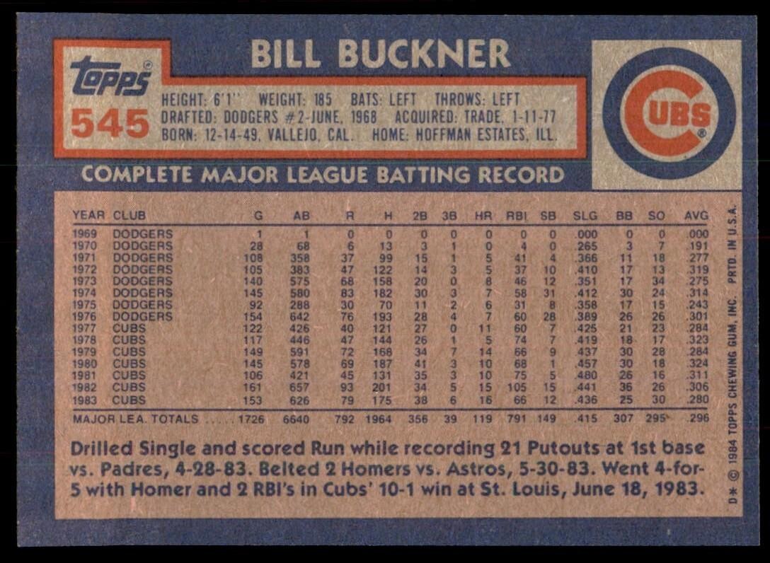 1984 Topps Cards Bill Buckner 1b Chicago Cubs #545