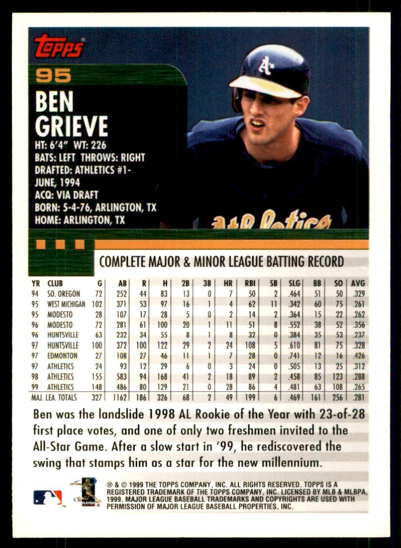 2000 Topps Baseball Card Ben Grieve Oakland Athletics #95