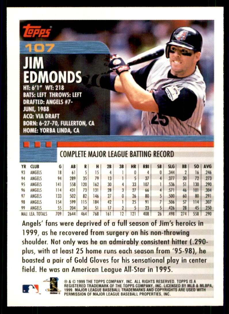 2000 Topps Baseball Card Jim Edmonds Anaheim Angels #107