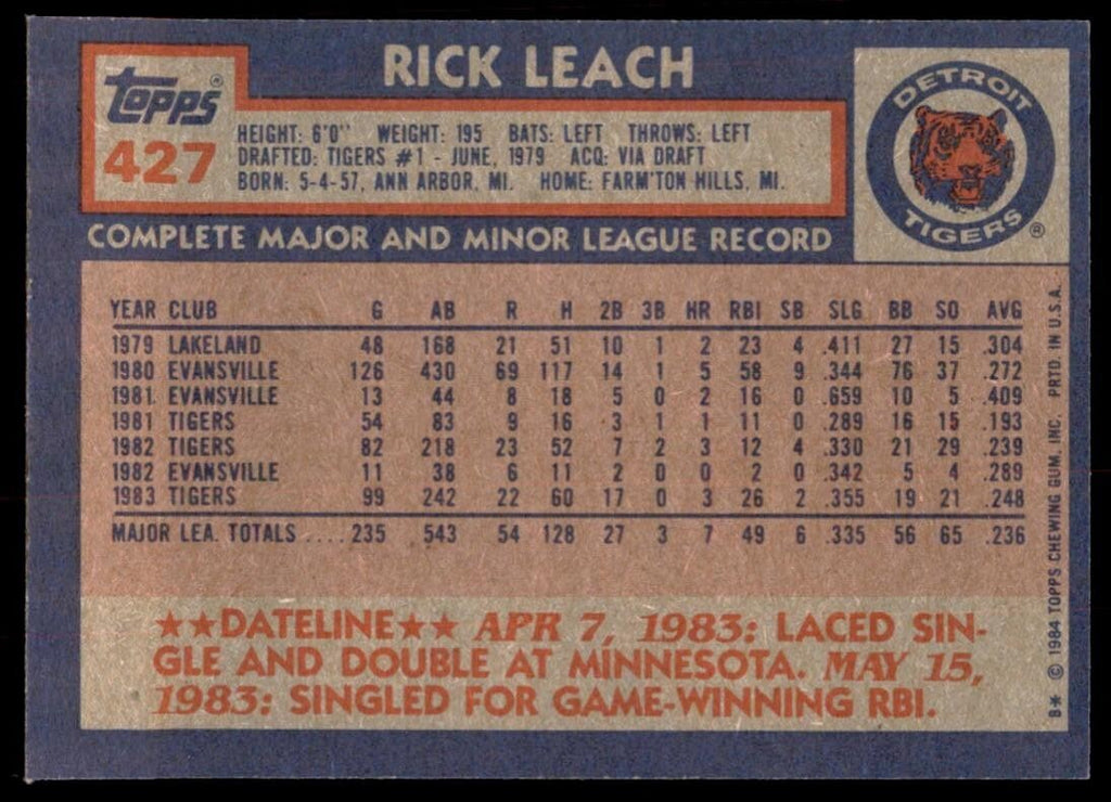 1984 Topps Cards Rick Leach Detroit Tigers #427