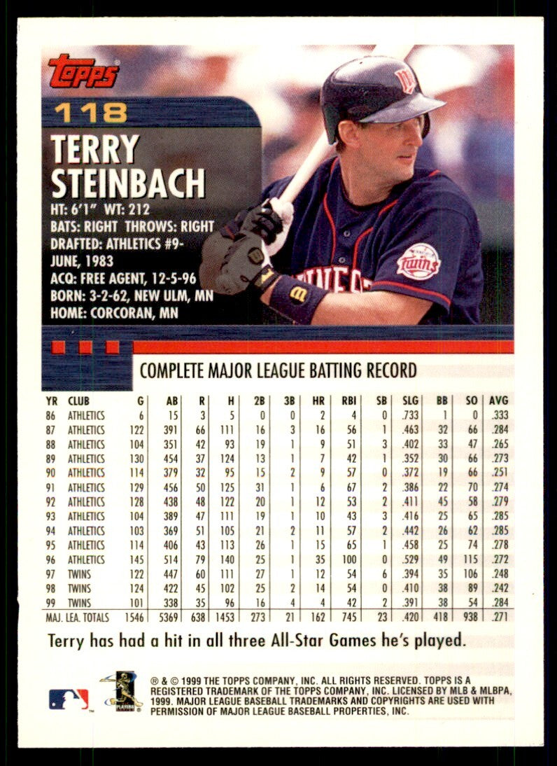 2000 Topps Baseball Card Terry Steinbach Minnesota Twins #118