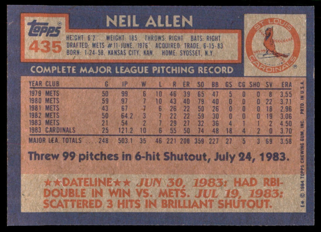 1984 Topps Cards Neil Allen p St. Louis Cardinals #435