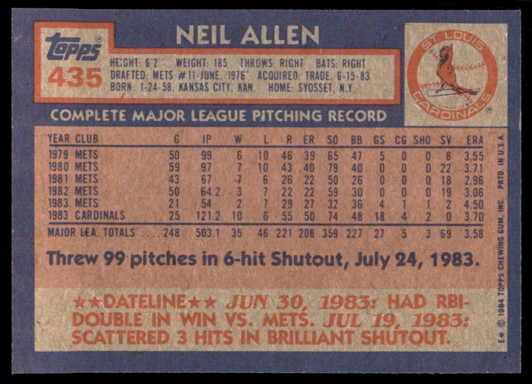 1984 Topps Cards Neil Allen p St. Louis Cardinals #435